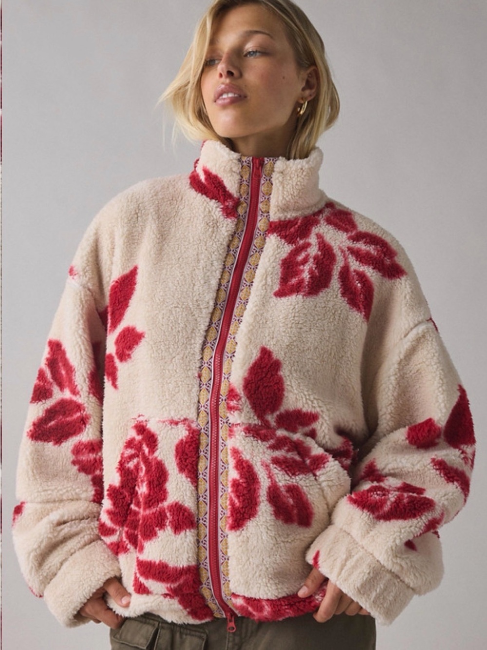 BDG Cream Sherpa Jacket with Red Floral Motif